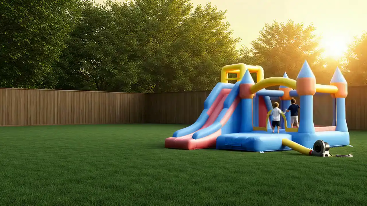Two kids playing on a blue and coral bounce house with a slide in a fenced backyard at sunset