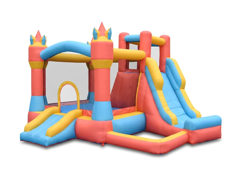 A backyard bounce house with an attached slide