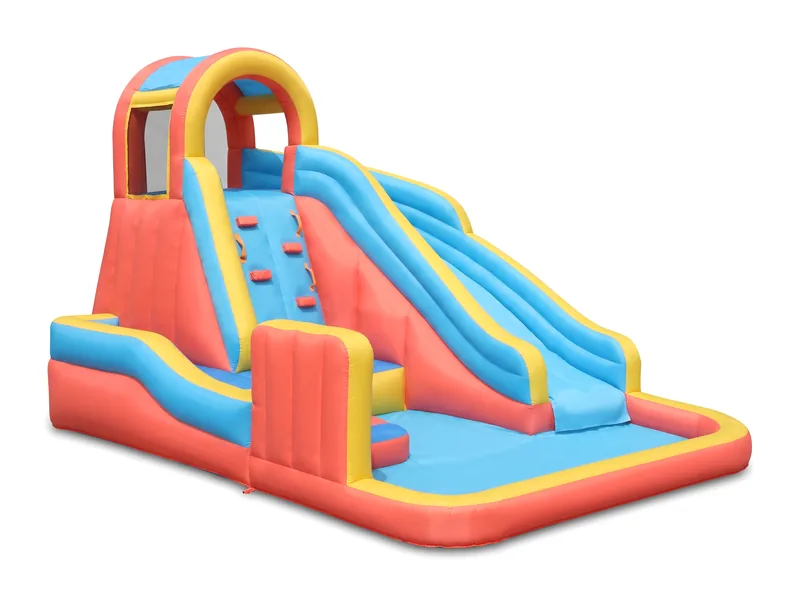 An inflatable water slide with a splash pool