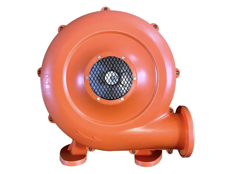 An orange Bounceland inflatable blower with a mesh-covered intake and a round outlet