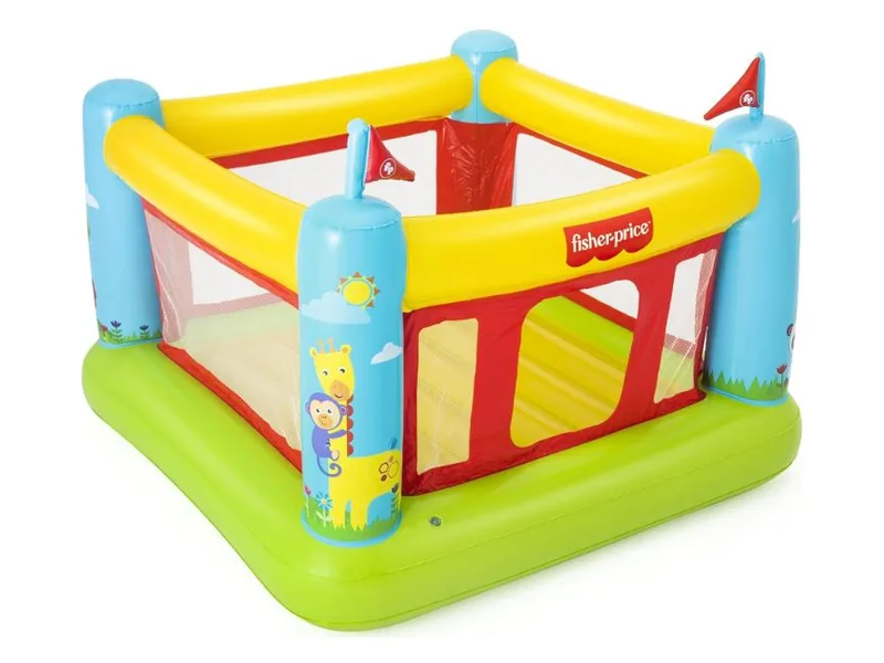 Fisher-Price Bouncetastic bouncer with a yellow rim, green base, red mesh walls and two blue corner posts