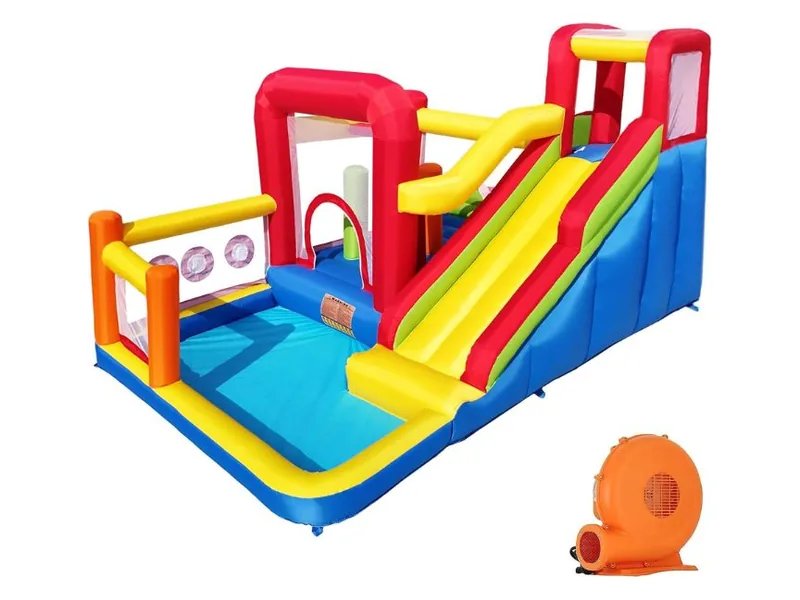 Hongcoral bounce house with a long red and yellow slide, a climbing wall, obstacle poles and an orange blower
