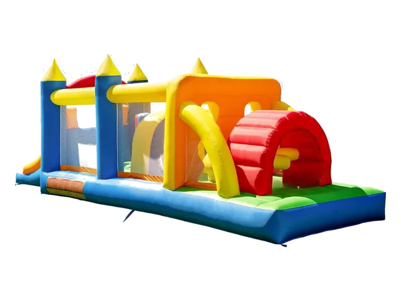 HuaKastro obstacle course with blue towers, a yellow and orange arch and a red tunnel on a long blue base