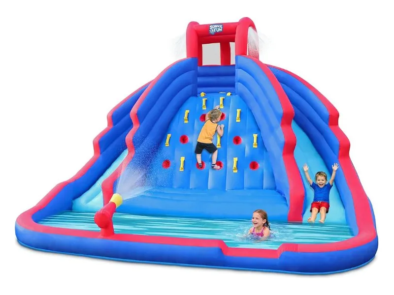 Sunny & Fun Ultra Climber water slide in blue and red with a climbing wall between two slides, a water cannon and a splash pool, children playing