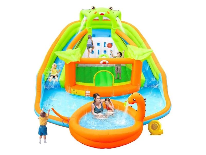 WELLFUNTIME water park with a frog-faced arch, two slides, a climbing wall and an orange dinosaur pool in front, children playing