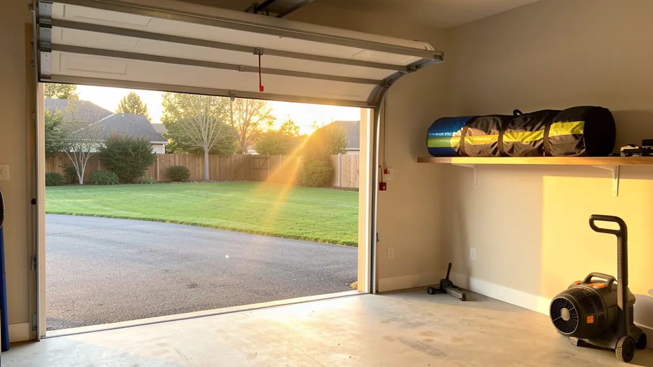 A tidy garage at golden hour, its door open onto the lawn, a bounce house in its carry bag on a shelf and a blower on the floor